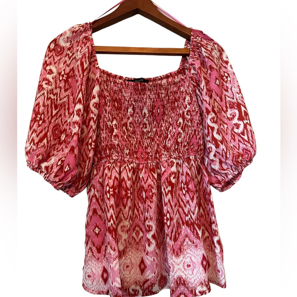 Eclair Pink, Red and White Balloon Sleeves Off the Shoulder Shirt